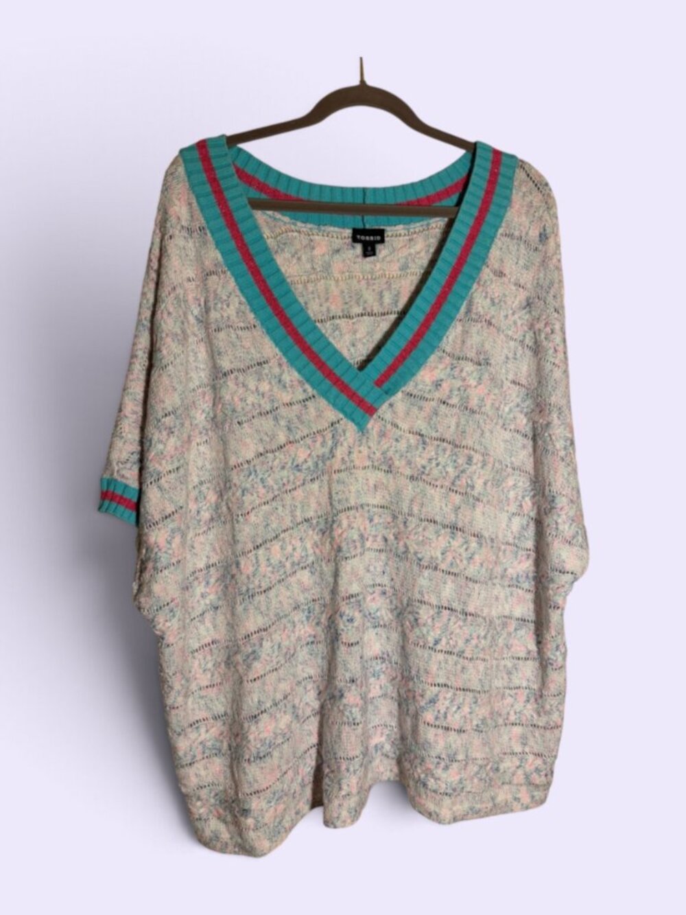Torrid Cable Dolman Turquoise Blue, White, and Pink SS Pullover Sweater Sz 3X